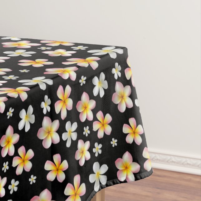 Pink & White Plumeria Flowers on Black Tablecloth (In Situ)