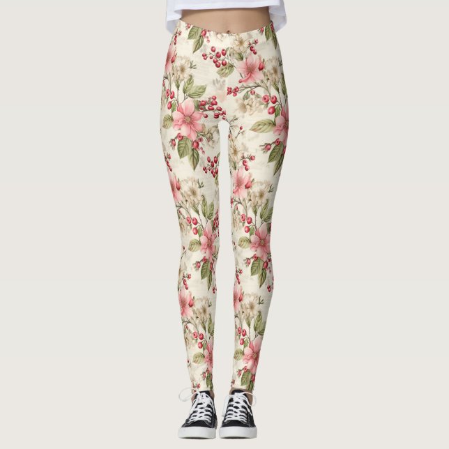 Pink, White Poinsettias, Greenery and Red Berries Leggings (Front)