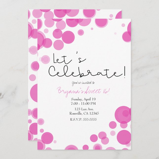 Pink White Polka Dot Bubbles Let's Celebrate Party Invitation (Front/Back)