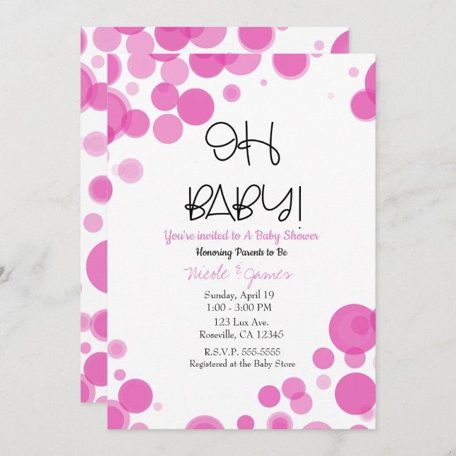 Pink & White Polka Dot Bubbles OH BABY Shower Invitation (Front/Back)