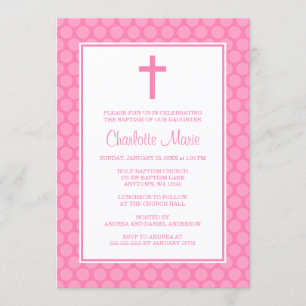 Pink White Polka Dot Cross Baptism Christening Invitation