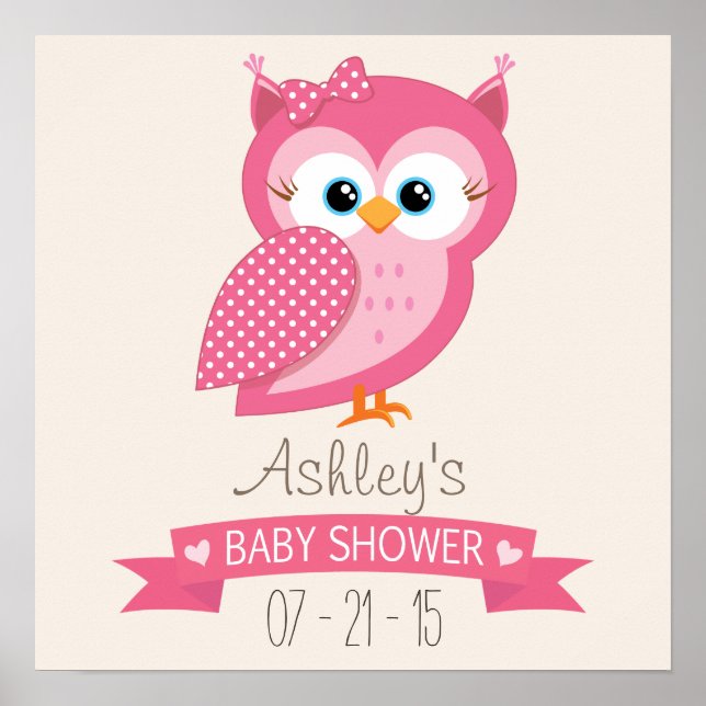 Pink & White Polka Dot Owl Baby Shower Poster (Front)