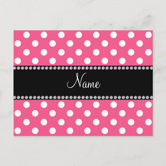 Pink white polka dots personalised name postcard (Front)