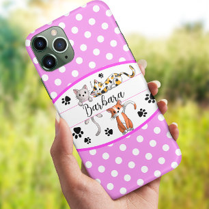 Pink & white polkadot, cute kittens custom iPhone 13 case