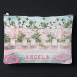 Pink & White Pool Party  Accessory Pouch<br><div class="desc">This trendy Poolside zipper pouch features a row of pool loungers with pink and white striped umbrellas set up near a swimming pool. You can personalise with a name. On the back is a repeat of the front design.</div>
