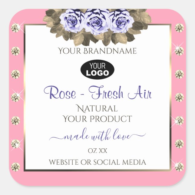 Pink White Product Labels Blue Roses Jewels Logo (Front)