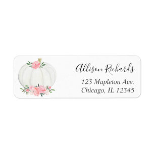Pink white pumpkin floral watercolor fall return address label