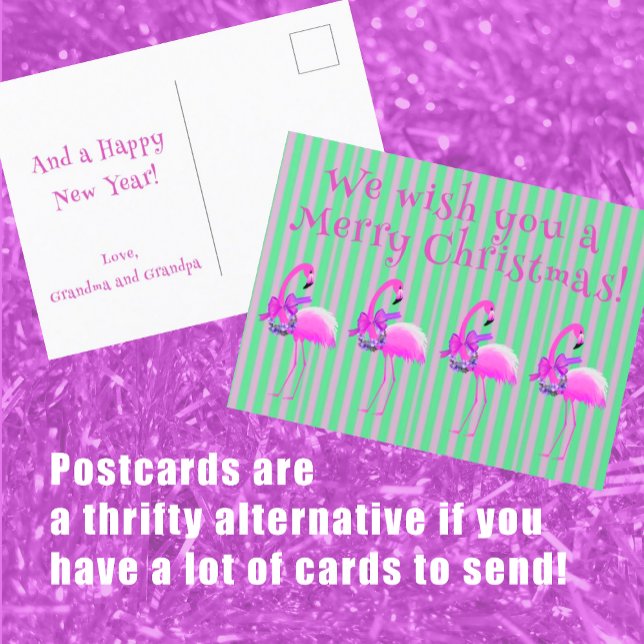 Pink White Purple Christmas Flamingos Personalised Holiday Postcard (Creator Uploaded)