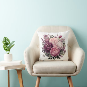 Pink White Purple Rose Peonies Floral Flower  Cushion