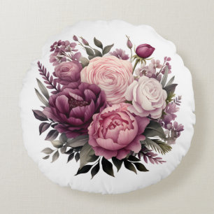 Pink White Purple Rose Peonies Floral Flower  Round Cushion