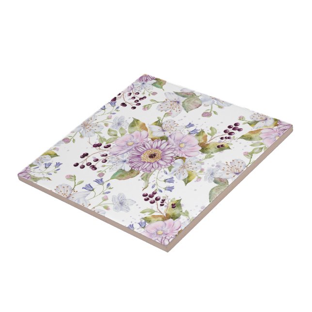 Pink White Purple Watercolor Wildflower Ceramic Tile (Side)