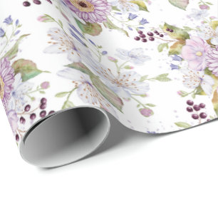 Pink White Purple Watercolor Wildflower Wrapping Paper