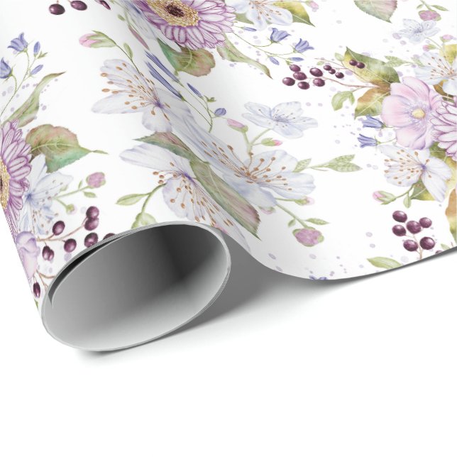 Pink White Purple Watercolor Wildflower Wrapping Paper (Roll Corner)