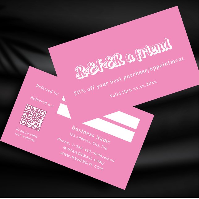 Pink white qr code business referral card (Creator Uploaded)