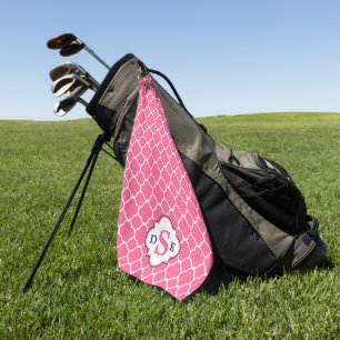 Pink White Quatrefoil Monogram Golf Towel