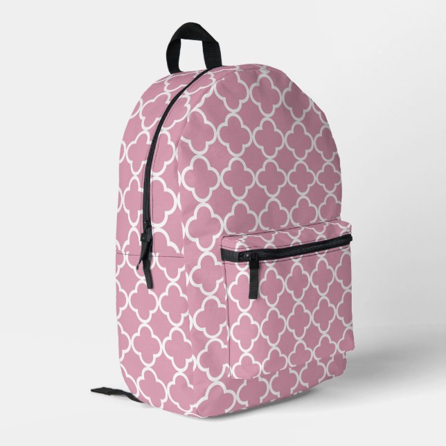 Pink white quatrefoil  printed backpack (Back Corner Left)