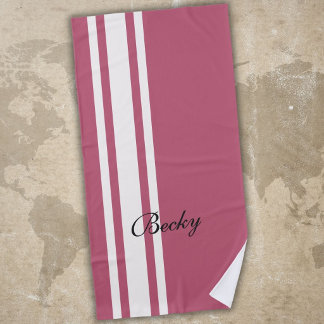 Pink White Racing Stripes Elegant Name Beach Towel