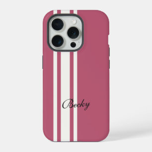 Pink White Racing Stripes Elegant Name iPhone 15 Pro Case