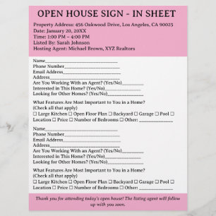 Pink & White Realtor Open House Sign In Sheet