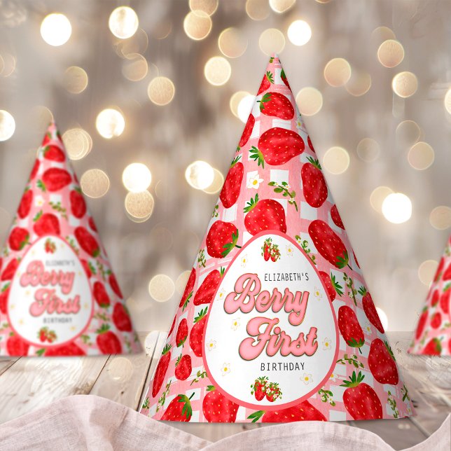 PInk White Red Strawberry 1st Birthday Berry First Party Hat (Creator Uploaded)