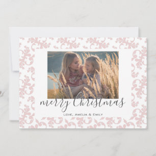 Pink White Rococo Merry Christmas Script Photo  Holiday Card