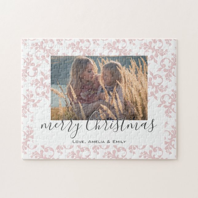 Pink White Rococo Merry Christmas Script Photo Jigsaw Puzzle (Horizontal)