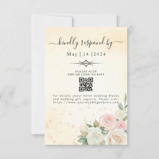 Pink & White Rose Blooms  RSVP Card (Front)