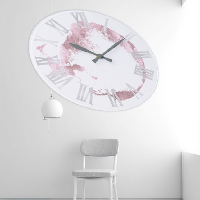 Pink White Rose Blush Gray Roman Numbers Large Clock (Pink White Rose Blush Gray Roman Numbers Large Clock)