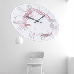 Pink White Rose Blush Grey Roman Numbers Large Clock