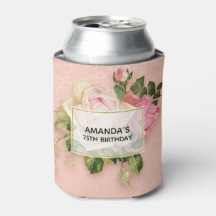 Pink & White Rose Bouquet Birthday Can Cooler