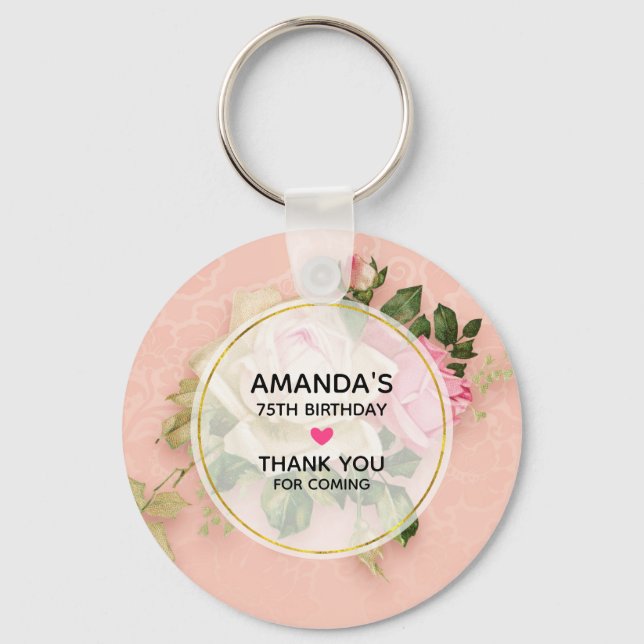 Pink & White Rose Bouquet Birthday Key Ring (Front)