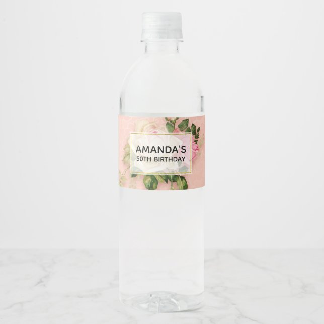 Pink & White Rose Bouquet Birthday Water Bottle Label (Front)