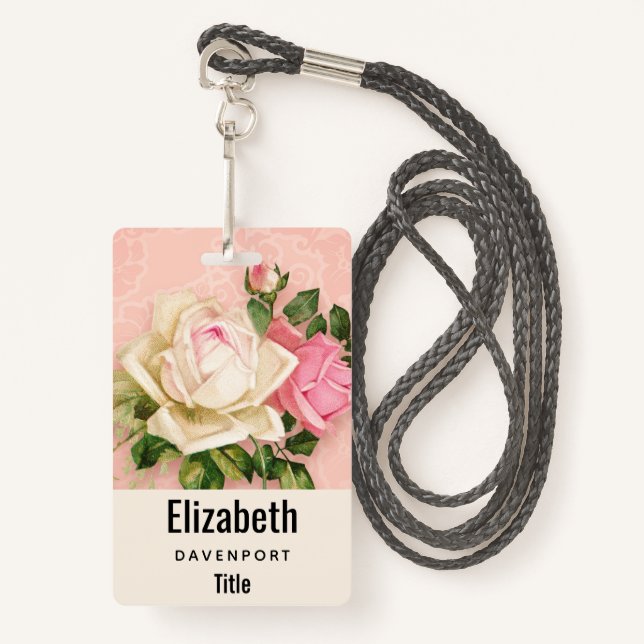 Pink & White Rose Bouquet ID Badge (Front with Lanyard)