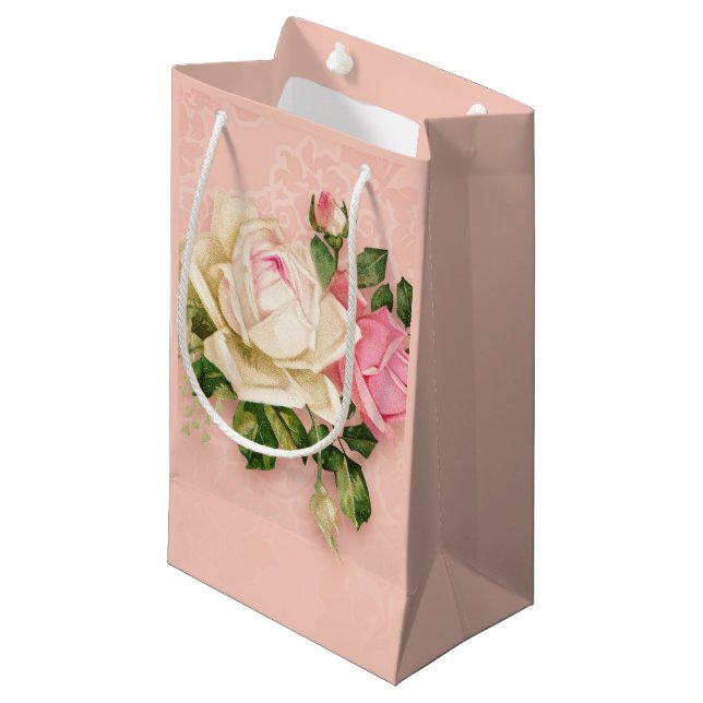 Pink & White Rose Bouquet Small Gift Bag (Front Angled)