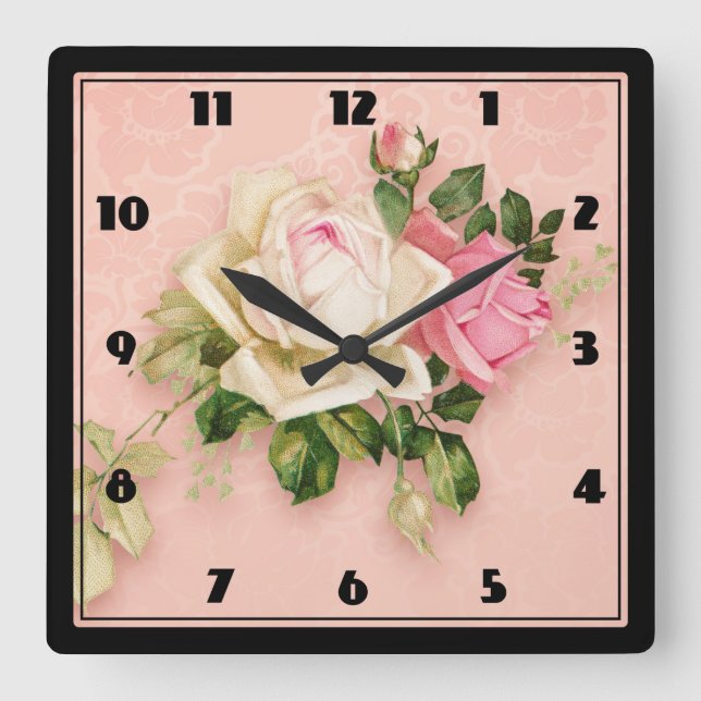 Pink & White Rose Bouquet Square Wall Clock (Front)