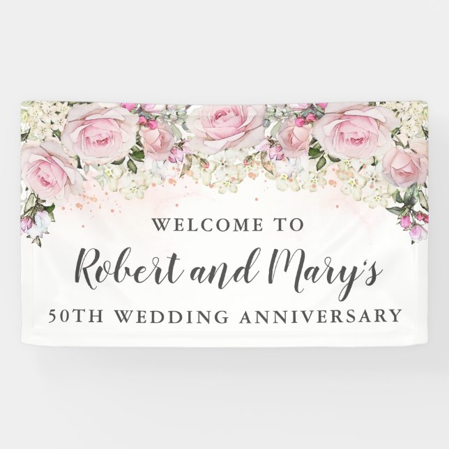 Pink White Rose Floral 50th Wedding Anniversary Banner (Horizontal)