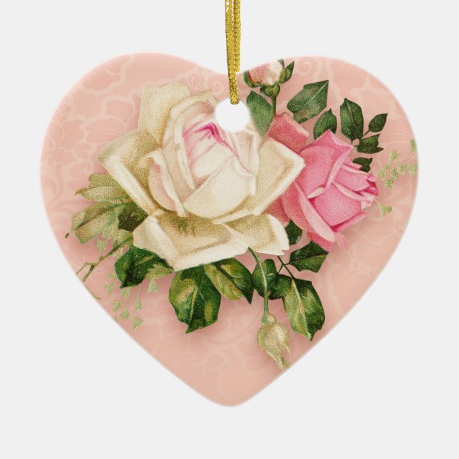 Pink & White Rose Floral Bouquet Ceramic Ornament (Front)
