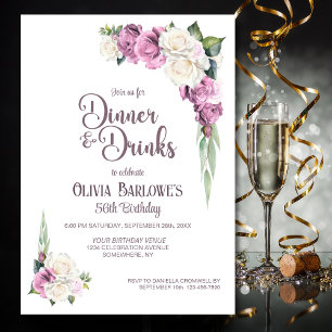 Pink White Rose Floral Dinner and Drinks Birthday Invitation
