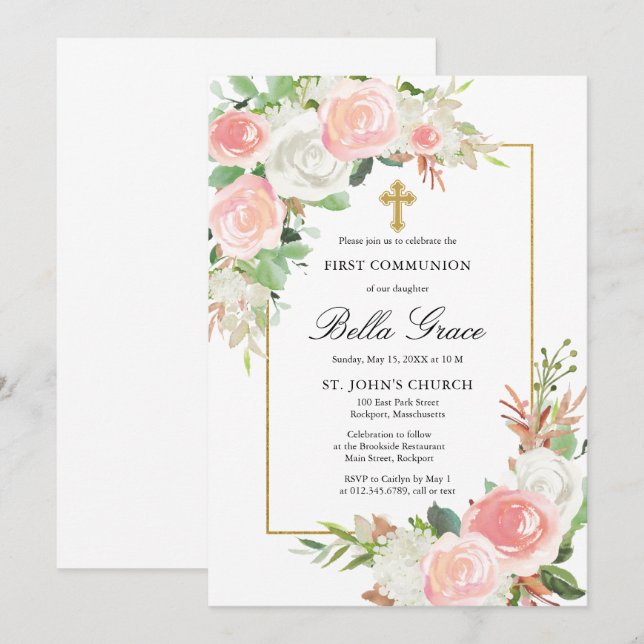 Pink White Rose Floral First Holy Communion Invitation (Front/Back)