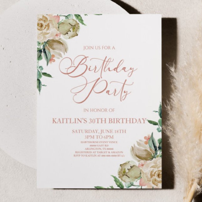 Pink White Rose Floral Flowers Birthday Party Invitation (Creator Uploaded)