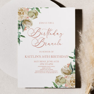 Pink White Rose Flowers Birthday Brunch Party Invitation