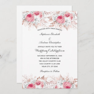 Pink White Rose Gold Floral Botanical Wedding  Invitation