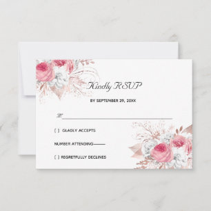Pink White Rose Gold Floral Formal Elegant Wedding RSVP Card
