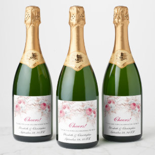 Pink White Rose Gold Floral Trendy Wedding Sparkling Wine Label