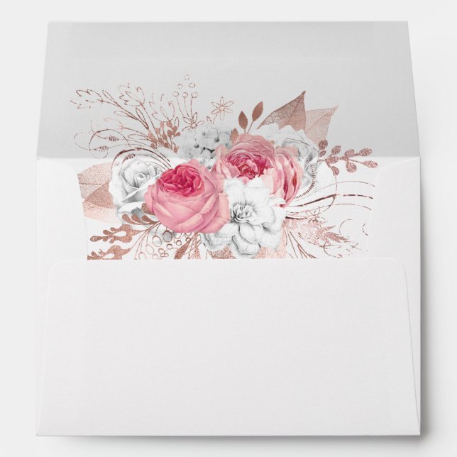 Pink White Rose Gold Floral Wedding Envelope (Back (Bottom))