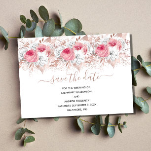 Pink White Rose Gold Floral Wedding Save the Date Invitation