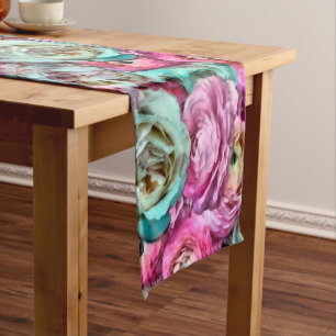 Pink & White Rose & Peony Flowers Short Table Runner