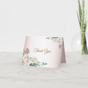 Pink White Rose Watercolor Greenery Wedding Thank You Card