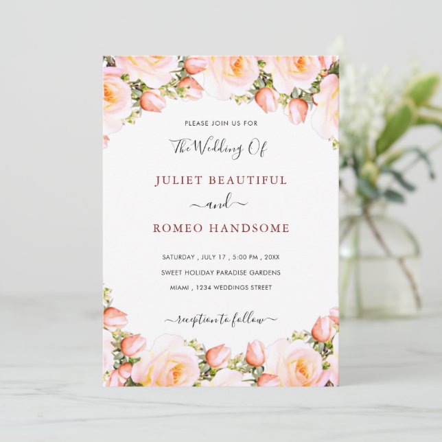 Pink White Rose Wedding Invitation Modern Frame (Standing Front)