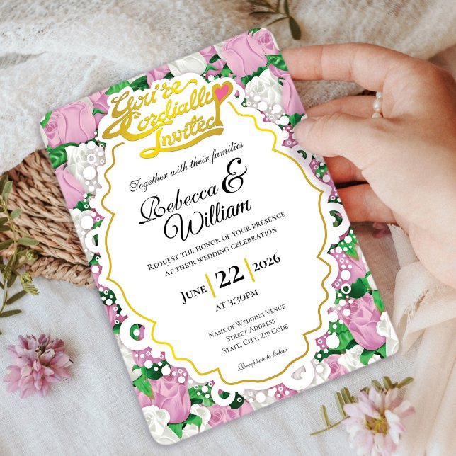 Pink & White Rose Wedding Invite - Gold Letters 2 (Pink and White rose background with decorative border wedding invite design with gold heading)